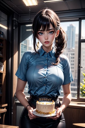 Masterpiece, top quality ,pony_tail, bangs , and is dressed in bank uniform, with a blue shirts and black skirt. She hold a big birthday cake in hand. office background.wind, dynamic, highly detailed, concept art, smooth, sharp focus.,Realistic.,YAMATO