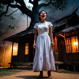 In front of a two-storied Burmese house built of wood, a Burmese woman in a white dress stood screaming angrily.  Night time.  Smoke. Tree. Creepy image. Colorful. HDR resolution. Realistic.  real photo.  realistic photo.  64k resolution.  face details.  photo realism.  Realistic details.,zkeleton