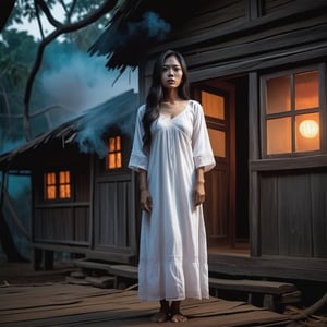 A Burmese female ghost, wearing a white nightgown, with knee-length hair and long fingernails, is standing directly at the western opening of the Burmese wooden house. Night time. Smoke. Big tree. Creates a scary image. Colorful. Realistic.  real photo.  realistic photo.  64k resolution.  face details.  photo realism.  Realistic details.blood.
