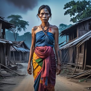 A zombie wearing a Myanmar sarong is standing in a small village with ruined Myanmar wooden houses. Night time. Smoke. Create a scary image. Colorful. HDR. Realistic.  real photo.  realistic photo.  64k resolution.  face details.  photo realism.  Realistic details.