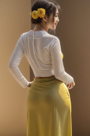 photorealistic, high resolution, masterpiece, best quality ,ultra-detailed, 1women, hair bun , jesmine flower on the head,  mature female, solo, hips up(back view), (wearing acmmsayarma outfit, acmmsayarma yellow top with buttons, long sleeves), ((acmmsayarma yellow long skirt))