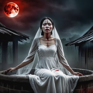 In the well, a Burmese ghost in a white dress climbs out. Her face is scary and bleeding. Her nails are long. Create a scary image.  Night time. Fog. There is a red moon in the sky.  colorful.HDR.realistic.  real photo.  realistic photo.  64k resolution.  face details.  photo realism.  Realistic details.