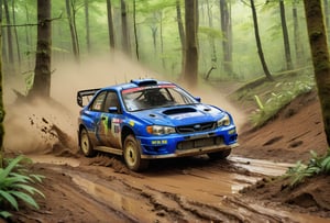 (1 car, 1997 Subaru Impreza WRC redesigned by Peter Stevens), Generate an image of a Subaru Impreza WRC tearing through a dense forest during a rally race, with mud splattering, leaves flying, and the vibrant greenery as the epic backdrop. The car's aggressive styling and the dynamic forest setting should evoke a sense of speed and adrenaline. best quality, realistic, photography, highly detailed, 8K, HDR, photorealism, naturalistic, lifelike, raw photo,H effect,real_booster,Comic Book-Style 2d