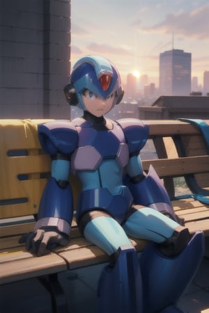 Highly detailed, high quality (full shot), 1boy, solo, X from Megaman X, sitting, (eyes green), thinking and reflecting, alone, sitting on a bench, city in the background.