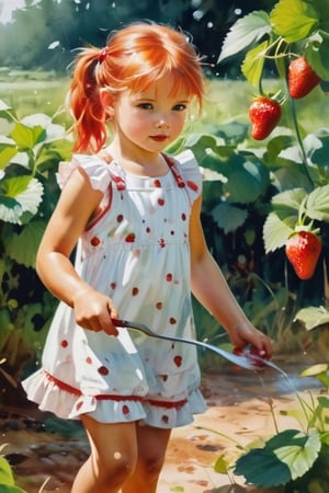 White little girl with disheveled redhead ponytails,close-up, soaked in strawberry juice, in a village short dirty dress picking strawberries in a clearing, dynamic pose watercolor, airbrush, style Mikhail Garmash