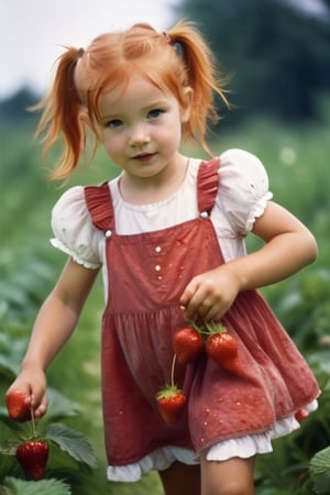 White little girl with disheveled redhead ponytails,close-up, soaked in strawberry juice, in a village short dirty dress picking strawberries in a clearing, dynamic pose, photography by David Hamilton 