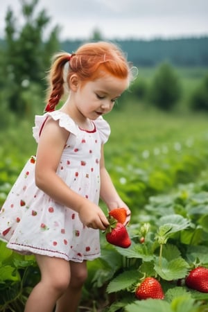 White little girl with disheveled redhead ponytails,close-up, soaked in strawberry juice, in a village short dirty dress picking strawberries in a clearing, dynamic pose, Nikon photography 