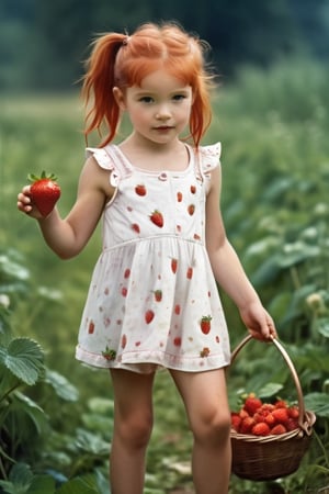 White little girl with disheveled redhead ponytails,close-up, soaked in strawberry juice, in a village short dirty dress picking strawberries in a clearing, dynamic pose, photography by David Hamilton 