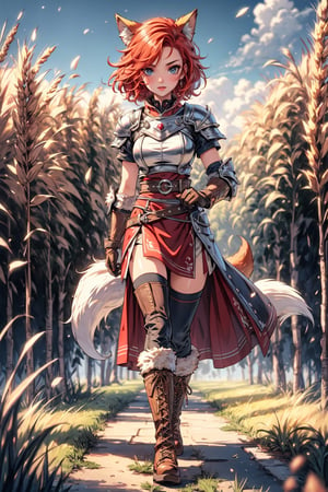 (Masterpiece, best quality, ultra-detailed, High detailed, detailed background, Perfect hands, perfect anatomy, anatomically correct), 1girl, solo female, fox girl, fox ears, fox tail, undercut red hair, brigth_purple_pupils, eyesgod, ,retro, leather armor, leather gloves, long skirt, combat boots, walking through a wheat field, holding nothing