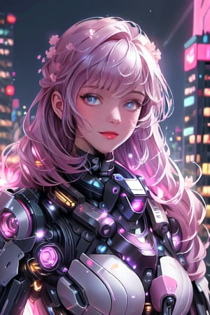 Imagine a futuristic cityscape where towering skyscrapers gleam against a twilight sky, illuminated by neon lights and holographic advertisements. In the foreground, a young cyborg protagonist stands atop a building, their sleek metallic limbs reflecting the city's glow. Their expression is determined yet contemplative, hinting at a backstory of resilience and inner conflict.Surrounding the protagonist are elements of both technology and nature, seamlessly intertwined. Perhaps there are hovering drones buzzing around, carrying out surveillance or delivery tasks, while cherry blossom trees bloom amidst the concrete jungle, symbolizing beauty and fragility in this high-tech world.In the distance, a colossal megastructure looms, hinting at the central conflict or mystery of the narrative. Is it a corporate headquarters, a government facility, or something more sinister? The sky above crackles with energy, suggesting impending change or upheaval.