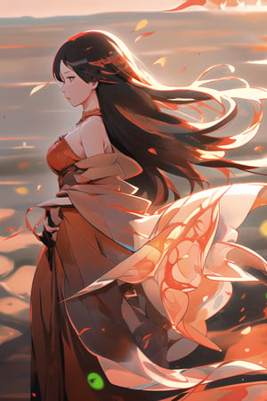 A solitary figure, cloaked in a flowing red dress, stands at the crest of a towering sand dune as the desert sun sets beyond the endless dunescape. The fading light casts long shadows across the golden sands, while the sky transforms into a kaleidoscope of fiery oranges and crimson hues. The only sounds are the soft whispers of wind through the sparse vegetation, punctuated by the woman's introspective stillness, her contemplative expression a testament to the vastness and solitude of this arid expanse.,1 girl, ,Nature