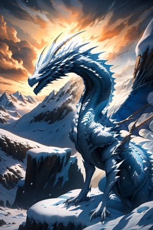 (best quality), (cinematic light), (8k high quality detailed), Dragon, Sindragosa, skelet dragon, frost dragon, standing on a cliff, shouting, srpead wings, Epic secenery, Epic Details, ice everywere, snowy mountains.,white dragon,midjourney