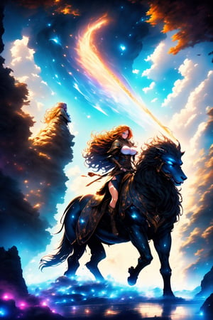(best quality), (cinematic light), (8k high quality detailed), 1girl, Viking Girl, Red long hair, blue eyes, full body, holding axe over head, (view from the side) Epic detailt armor, medium_breasts, looking at viewer, (riding a giant epic lion into Battle).,1 girl,horse,riding,horseback_riding,midjourney.