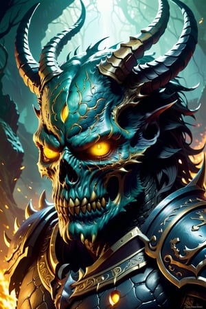 Generate hyper realistic image of a fearsome monster, fixating its yellow eyes on the viewer with a malevolent gaze. This monstrous entity is adorned with menacing horns, sharp teeth protruding from its jaw, and a formidable set of armor that hints at its formidable nature. The eerie glow emanating from the creature enhances the ominous atmosphere, and a skull motif adds an extra touch of dread, creating a captivating scene with a focus on the malevolent male monster.