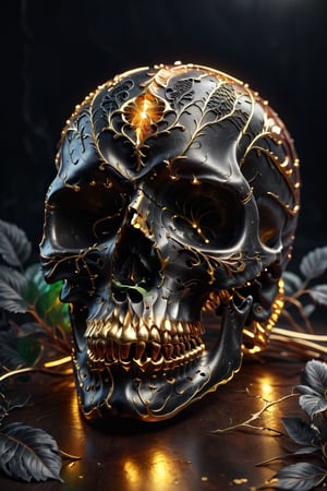 hyper realistic image of a black metal skull, gold glow, shiny, full color, light neon crystal, beautiful bright atmosphere with gold lines,  gold blood vessels,