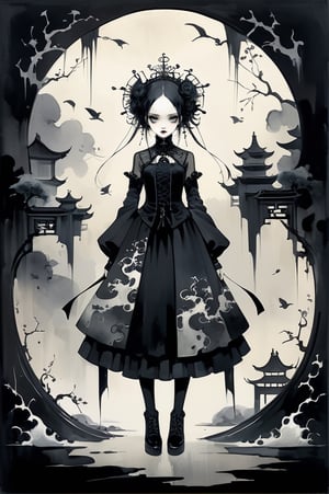 masterpiece, best quality, aesthetic , chinese ink painting,
1girl, full body, dark theme, gothic, abstract background,