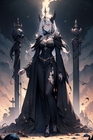 woman with long hair, full body, head to feet, black magician who covers the sky with death, the witch who represents eternity, giver of life and death, the most powerful sorceress in the world, the oldest witch of all, white hair, golden eyes, dying and skin wasted, goddess of necromancers, mother of all undead, goddess of dark magic, necromancer, dark crown on her head, masterpiece, good quality, looking at camera , bored, lifeless, lost look, indifferent, neutral expression, morgan le fay, queen's clothes with crown, sorceress of death, lifeless look, eyes empty of emotions,Dark, medium breasts,stand over the dead.