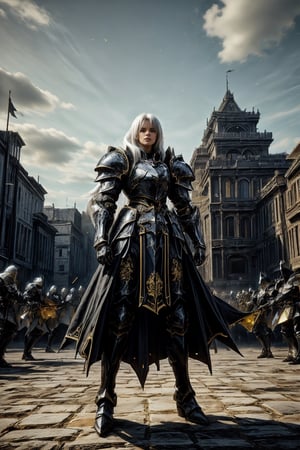 8k, Girl knight, standing alone in the square, long hair, white hair, brown eyes, armor, skirt, long boots, blue clothes with gold patterns, strong wind blowing, excellent quality, masterpiece, black and white tones, knight,anime,anime black line,Anime ,warrior