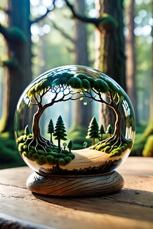 Closeup photo of a fantasy Forest panorama inside a Glass spheres on a Oak table, natural light