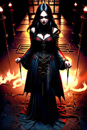 1girl, Vampir girl standing in Gothic Baal haal, candelsticks, Vampir teeht, long Black sexy Gothic Coat with golden ornaments, creepy smiling, black long hair.
