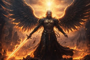 (8K, raw photo, highest quality, Masterpiece: 1.2), 
((one angelical winged male warrior flying hell)), a desolated city lies beneath the funes of fire and corruption, a huge iron chain dominates the horizon, wields a shiny magical sword, sword shines with holy magic, angel wears a shiny armor with gold filigree, angel has short blond hair, short hair,
epic, epic scene of sanctity vs evil,
the scene happens in hell,AngelicStyle