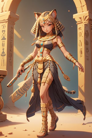 1girl, Full body, Egyptian Cat Girl, Cat Ears, Egyptian Backround, holding a Egyptian Rod, Glowing red eyes, look into camera, Sexy Egyptian dress, medium_breasts,More Detail