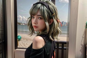 1girl, solo, long hair, breasts, looking at viewer, Mina face, slim face, model body, teenage skin, moist skin, outdoor, walking at beach, deformed Anime ,smirk, hair ribbon, hair ornament, hanfu green shirt, wide sleeves red skirt, long skirt, east asian architecture,((hair ribbon hair ornament,bun)),((Portrait)),maomao,((Dark green hair:1.4)), shangfu, jinshi,[[[freckles]]],Add more detail, perfect eyes,Extremely Realistic, smile, perfect mouth, perfect lips