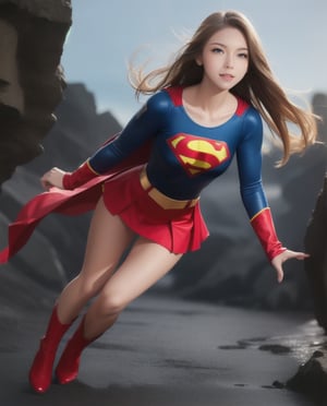 Long blonde hair and smoky eyes, flawless likeness, as Super Girl in her blue and red transparent Supergirl outfit, red miniskirt, full body photo, show legs, show feet, show nipples, superman symbol on her chest, in the fortress of solitude, looking badass, badass stance, (Athletic well-proportioned body),(Ultra realistic), (Illustration), (High resolution), (8K), (Very detailed), (Best illustration), (Beautiful eyes), (Best quality), (Ultra detailed), (Masterpiece), (Detailed face), Solo,(Dynamic pose), 1 girl, big smile, perfect eyes, dark studio,wo_4ngel01