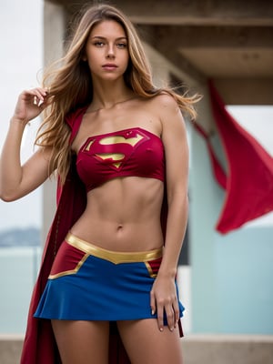 (masterpiece), (best quality), (realistic), Nikon RAW photo, Fujifilm XT3, 19yo, 8k, best quality, real picture, intricate details, ultra-detailed, ultra highres, depth field,(photorealistic,realistic:1.2),masterpiece,photo of  european girl, supergirl, blue eyes, light blonde hair, very long hair, blond hair, red cape, short red skirt, miniskirt, blue crop top, skinny body, very tiny waist, (abs:0.7), superhero, solo, sun, blue sky, front view, long legs, thin waist,
best quality, realistic, photorealistic, (intricate details:1.2), (delicate detailed), (cinematic light), clear line, sharp focus, realistic face, detailed face,
unity 8k wallpaper, ultra high res, (photorealistic:1.4), looking at viewer 
,wo_4ngel01