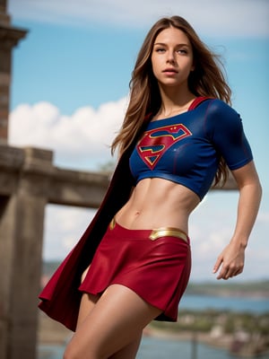 8k, best quality, real picture, intricate details, ultra-detailed, ultra highres, depth field,(photorealistic,realistic:1.2),masterpiece,photo of  european girl, supergirl, blue eyes, light blonde hair, very long hair, red cape, short red skirt, miniskirt, superhero, solo, sun, blue sky, front view, long legs, thin waist,
best quality, realistic, photorealistic, (intricate details:1.2), (delicate detailed), (cinematic light), clear line, sharp focus, realistic face, detailed face,
unity 8k wallpaper, ultra high res, (photorealistic:1.4), looking at viewer 
,wo_4ngel01