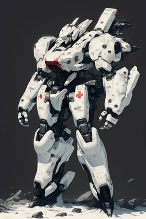 robot, rough, no humans, science fiction, simple background, solo, standing, full body, looking ahead, damaged, masterpiece, best quality,white mech, white paint, red cross, free hands