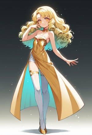 score_9, score_8_up, score_7_up, score_6_up, Takeda hiramitsu style,cyberpunk style,1girl,young female,young adult, very young,blonde hair, curly hair,regal, relaxed shoulders,white clothes, ethereal glow,solo, gold dress, white armored stockings, golden high heels, cleavage, indoor, open eyes, long hair,small breasts, side boobs, gentle smile,cowboy shot, gold bionic eyes