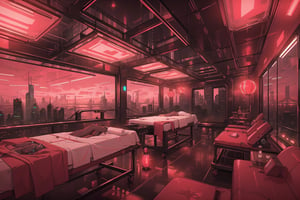 Create a digital illustration featuring a giant luxurious massage room of futuristic style, with bright red lights and a gorgeous view of a cyberpunk city.