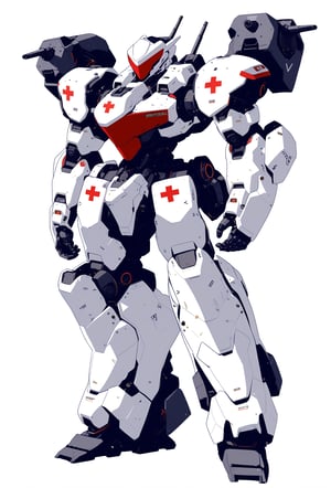 score_9, score_8_up, score_7_up, source_anime, hi res, masterpiece, best quality, highres, anime style,METANOIA_PS, mecha, white mecha, white paint,cyberpunk style, machine, white painting, red cross,armored core,mecha visor, mecha head,simple background,robot,full body,looking ahead, damaged,standing,slim design, free hands, shield,symmetrical head