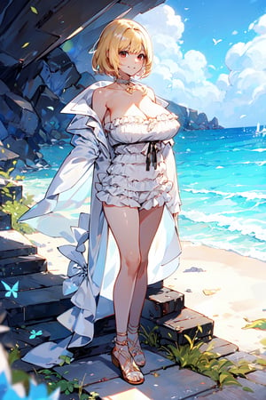 1 girl, blonde hair, short hair, red eyes, smile, fullbody, robe, white bath robe, large breasts, big breasts, very big breasts, natural big breasts, black lock of hair,rom_1,strapless white ruffled romper, (masterpiece), (best quality), skindentation, beach scenery