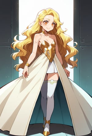 score_9, score_8_up, score_7_up, score_6_up, Takeda hiramitsu style,cyberpunk style,1girl,young female,young adult, very young,blonde hair, curly hair,regal, relaxed shoulders,white clothes, ethereal glow,solo, gold dress, white armored stockings, golden high heels, cleavage, indoor, open eyes, long hair,small breasts, side boobs, gentle smile,cowboy shot, gold bionic eyes