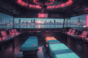 Create a digital illustration featuring a giant luxurious massage room of futuristic style, with bright red lights and a gorgeous view of a cyberpunk city.
