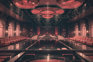 Create a digital illustration featuring an extremely large luxurious and elegant empty dance club with a musical stage of futuristic style, some chairs and tables, prim and proper with bright red lights with black walls, black floor and no windows. 