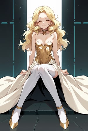 score_9, score_8_up, score_7_up, score_6_up, Takeda hiramitsu style,cyberpunk style,1girl,young female,young adult, very young,blonde hair, curly hair,regal, relaxed shoulders,white clothes, ethereal glow,solo, gold dress, white armored stockings, golden high heels, cleavage, indoor, closed eyes, long hair,small breasts, side boobs, gentle smile, standi