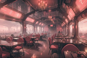 Create a digital illustration featuring a giant luxurious and elegant banquet hall of futuristic style, prim and proper with bright red lights and a gorgeous view of a cyberpunk city.