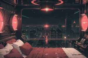 Create a digital illustration of a large luxury hotel room that is prim and proper, of a clean cyberpunk style with black walls and roof, with hologram projector that has the shape of a large tube in a corner and a big bed, with bright red lights and a gorgeous view of a cyberpunk city during the night. 