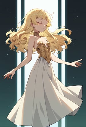 score_9, score_8_up, score_7_up, score_6_up, Takeda hiramitsu style,cyberpunk style,1girl,young female,young adult, very young,blonde hair, curly hair,regal, relaxed shoulders,white clothes, ethereal glow,solo, gold dress, white armored stockings, golden high heels, cleavage, indoor, closed eyes, long hair,small breasts, side boobs, gentle smile, standi