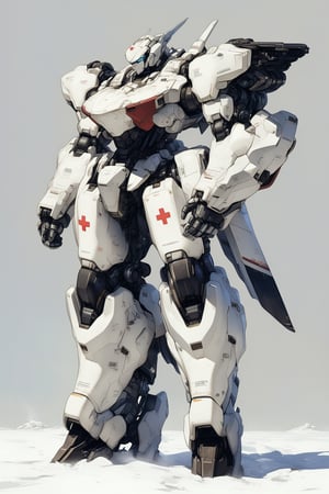 robot, rough, no humans, science fiction, simple background, solo, standing, full body, looking ahead, masterpiece, best quality,white mech, white paint, red cross, free hands,armored core