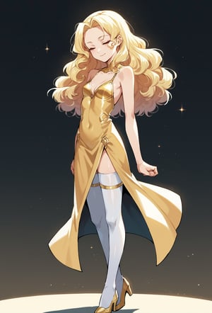 score_9, score_8_up, score_7_up, score_6_up, Takeda hiramitsu style,cyberpunk style,1girl,young female,young adult, very young,blonde hair, curly hair,regal, relaxed shoulders,white clothes, ethereal glow,solo, gold dress, white armored stockings, golden high heels, cleavage, indoor, closed eyes, long hair,small breasts, side boobs, gentle smile, standing