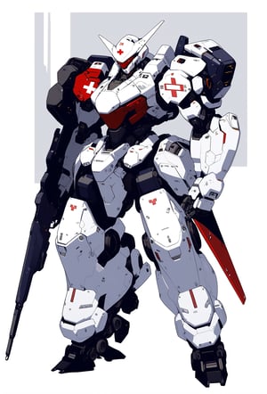 score_9, score_8_up, score_7_up, source_anime, hi res, masterpiece, best quality, highres, anime style,METANOIA_PS, mecha, white mecha, white paint,cyberpunk style, machine, white painting, red cross,armored core,mecha visor, mecha head,simple background,robot,full body,looking ahead, damaged,standing,slim design, free hands, shield