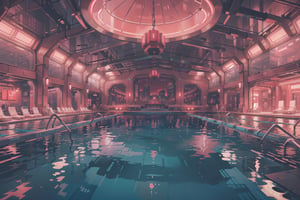 Create a digital illustration featuring a giant luxurious indoor pool of futuristic style, with bright red lights and a gorgeous view of a cyberpunk city.