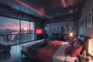 Create a digital illustration of a large penthouse room that looks prim and proper of futuristic style with a big projector that has the shape of a large tube in a corner and a big bed, with bright red lights and a gorgeous view of a cyberpunk city.