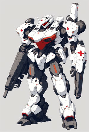 score_9, score_8_up, score_7_up, source_anime, hi res, masterpiece, best quality, highres, anime style,METANOIA_PS, mecha, white mecha, white paint,cyberpunk style, machine, white painting, red cross,armored core,mecha visor, mecha head,simple background,robot,full body,looking ahead, damaged,standing,slim design, free hands, shield,symmetrical head