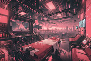 Create a digital illustration featuring a luxurious massage room of futuristic style, with a hologram projector that has the shape of a large tube in a corner, with bright red lights and a gorgeous view of a cyberpunk city.