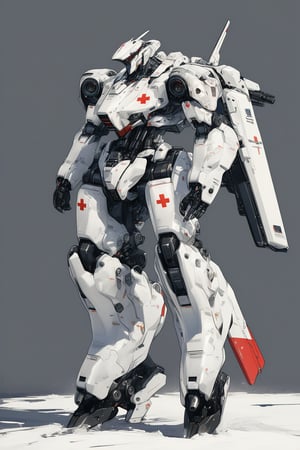 robot, rough, no humans, science fiction, simple background, solo, standing, full body, looking ahead, masterpiece, best quality,white mech, white paint, red cross, free hands,slim design